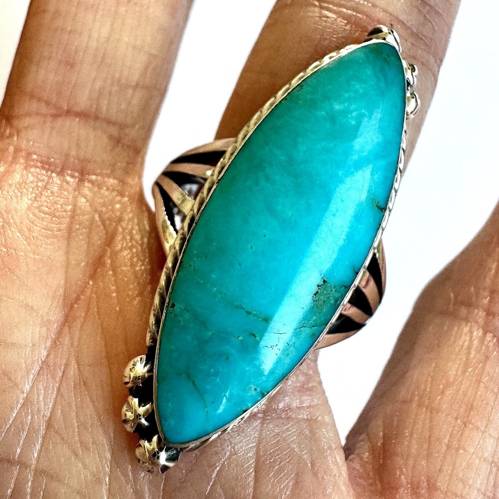 Navajo Long Turquoise Ring Sz 10 Sterling Coho Marquis‎ Native American